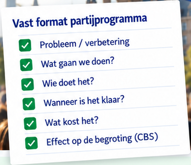 Voorbeeld van het vaste partijprogramma met zes controlepunten.